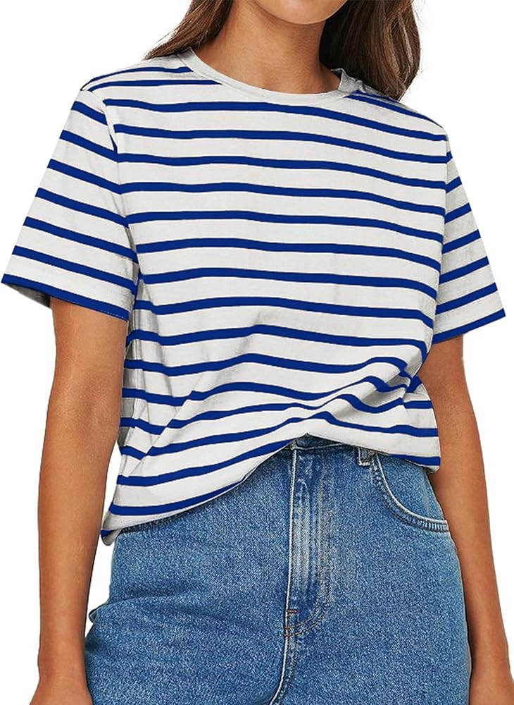 LilyCoco Women's Striped T Shirts Crew Neck Short Sleeve Tops Basic Summer Tees | Amazon (US)