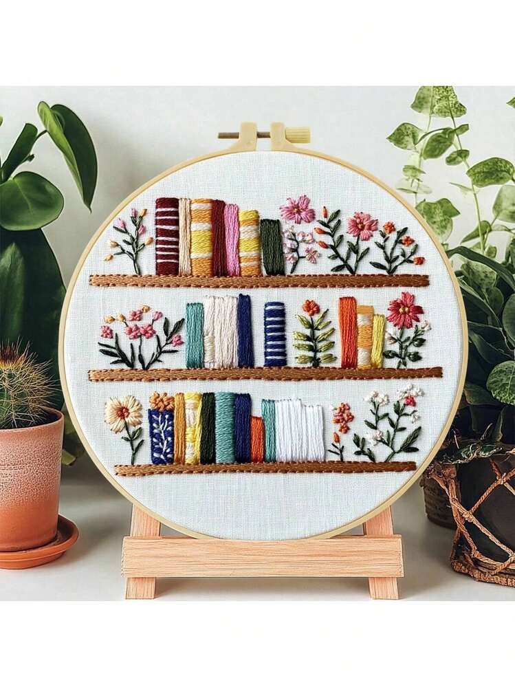 1pc Embroidery Kit, 20x20cm/7.9x7.9-Inch Bookshelf Flowers, Handmade DIY Embroidery Kit, Suitable For Adults And Beginners, Includes Instruction Manual, Printed Fabric, Embroidery Frame, And Needle And Thread | SHEIN
