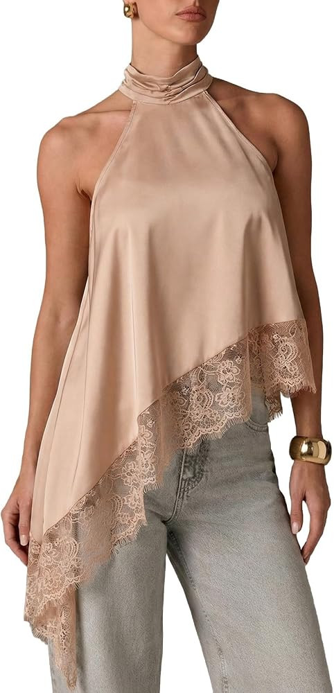 EVALESS Going Out Tops for Women Summer Halter Neck Lace Asymmetrical Hem Satin Sleeveless Tank T... | Amazon (US)