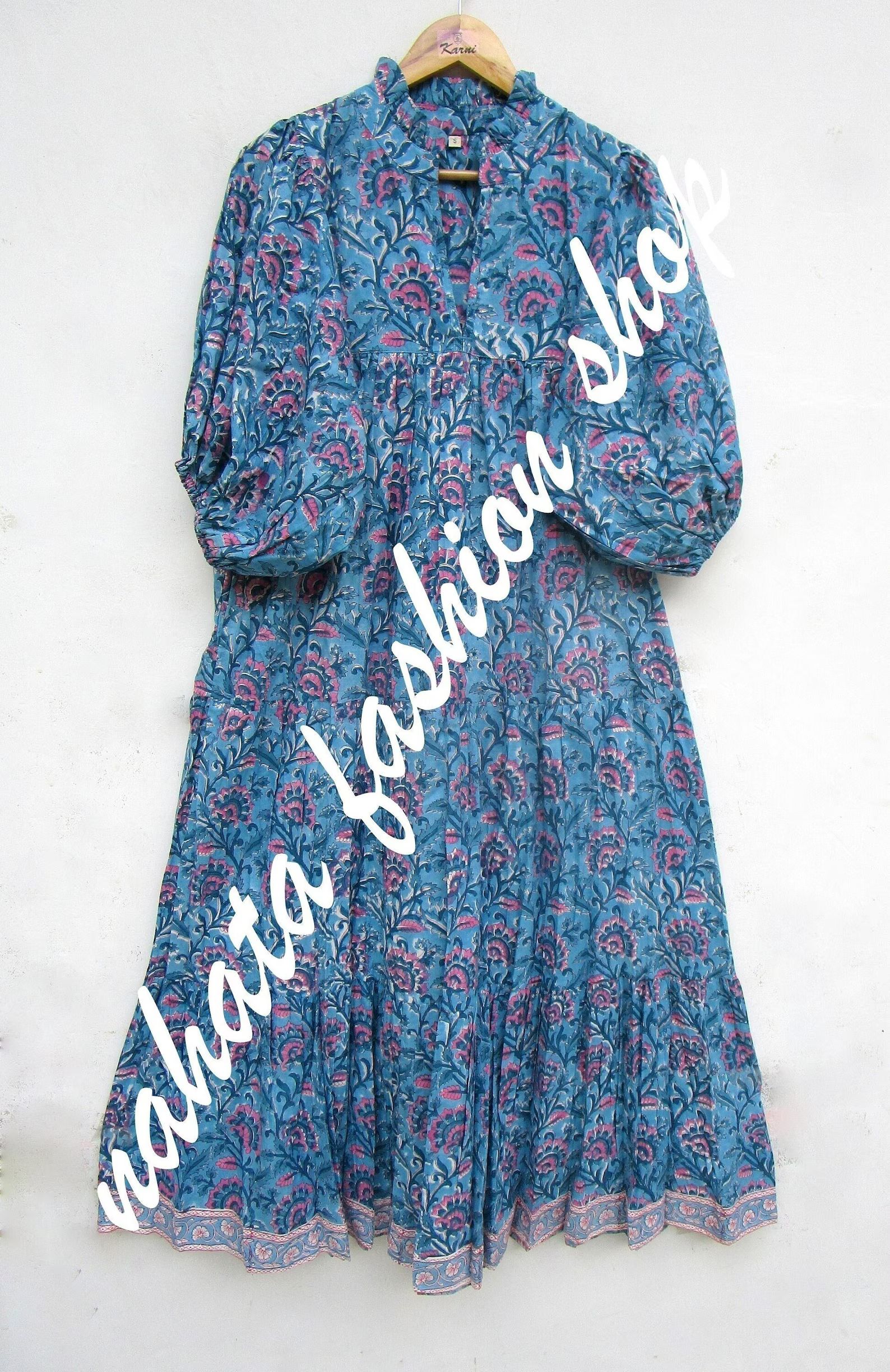 blue pink floral printed cotton maxi dress - v neckline maxi dress - 3/4th sleeve boho maxi dress | Etsy (US)