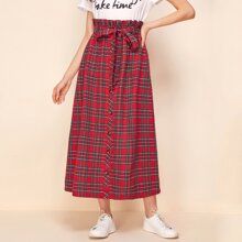 Paperbag Waist Self Belt Tartan Skirt | SHEIN