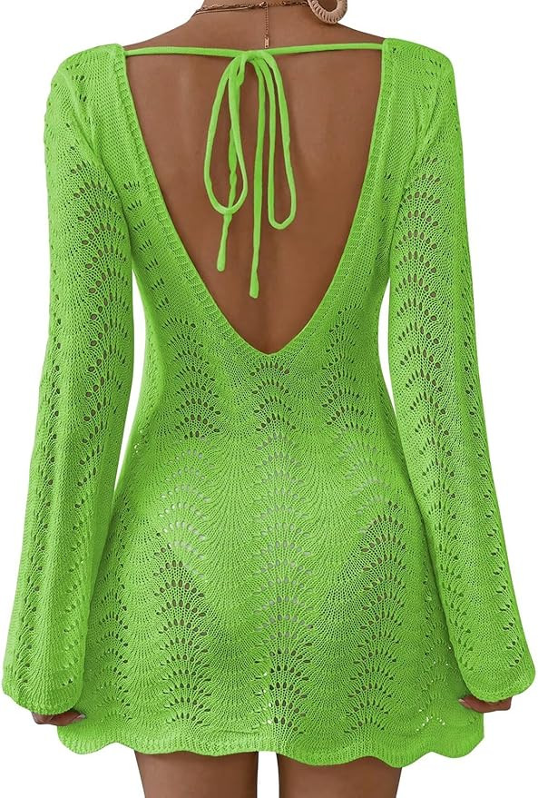 Womens Swimsuit Cover Up Long Sleeve Crochet Bathing Suit Mesh Backless Cover Ups Summer Beach Va... | Amazon (US)