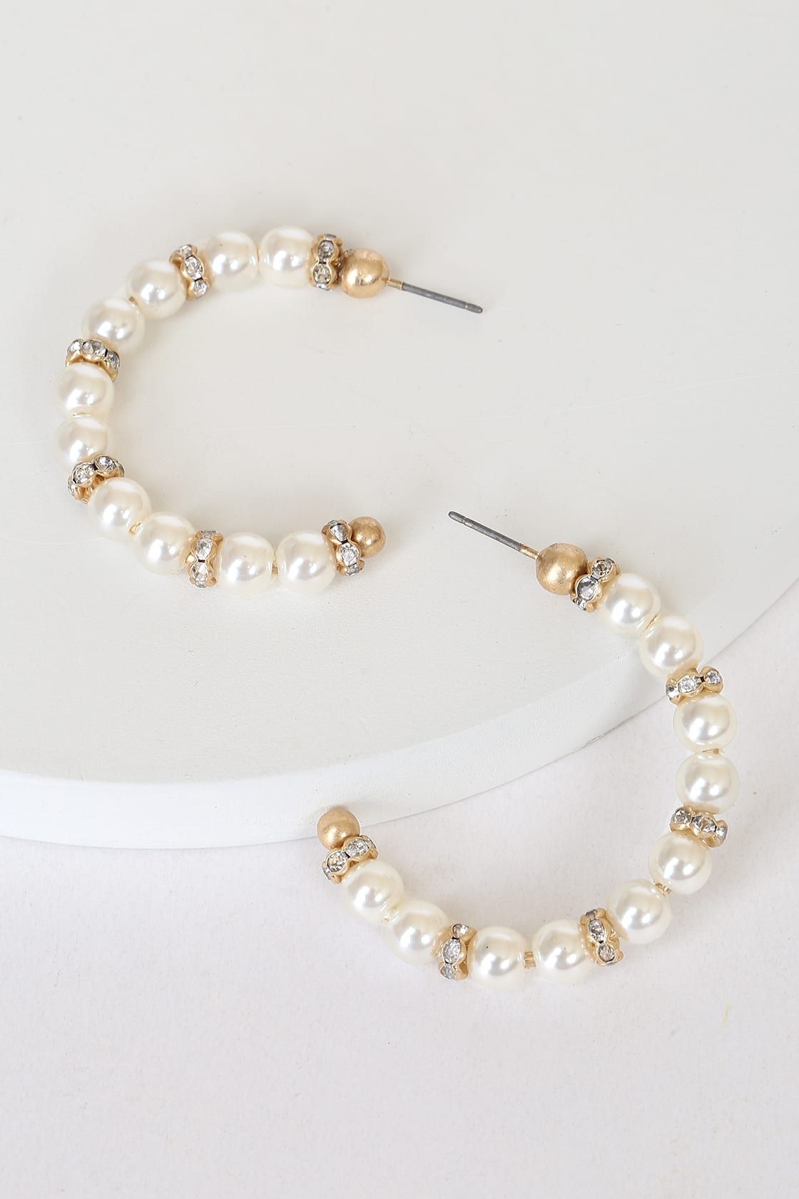 One for All White Pearl Rhinestone Hoop Earrings | Lulus