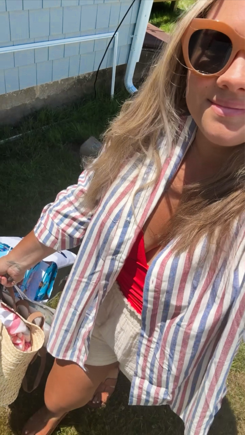 Sezane bag sezane shirt ( i sized up 2 for oversized fit) stripes jcrew swim tts aerie pool shorts tts 

Red swimsuit jcrew swim buttondown summer outfit 

#LTKunder100 #LTKSeasonal #LTKitbag