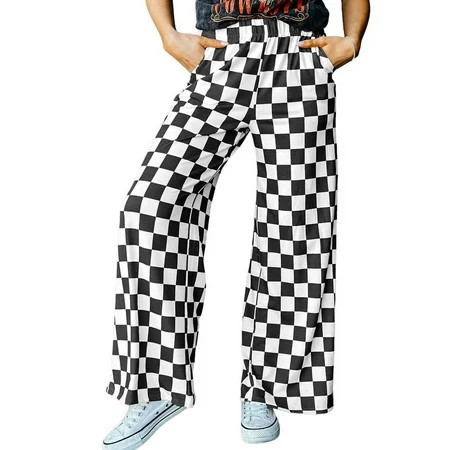 Women Casual Checkered Pants Elastic Waist Comfy Loose Wide Leg Pants with Pockets Black S | Walmart (US)
