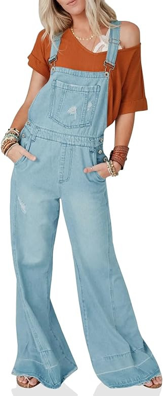 Tongmingyun Women's Loose Denim Overalls Baggy Adjustable Strap Distressed Wide Leg flare Jeans J... | Amazon (US)