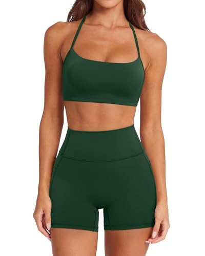 SUUKSESS Women 2 Piece Workout Sets Padded Halter Sports Bras High Waisted Biker Shorts with Pockets Built in Bra Athletic Tops (Deep Green, M) | Amazon (US)