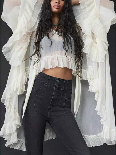 Women Ruffle Sheer Top Long Sleeve Bow Tie Design See Through Mesh Blouse Tops Oversized Flowy Chiffon Tunic Shirts | SHEIN