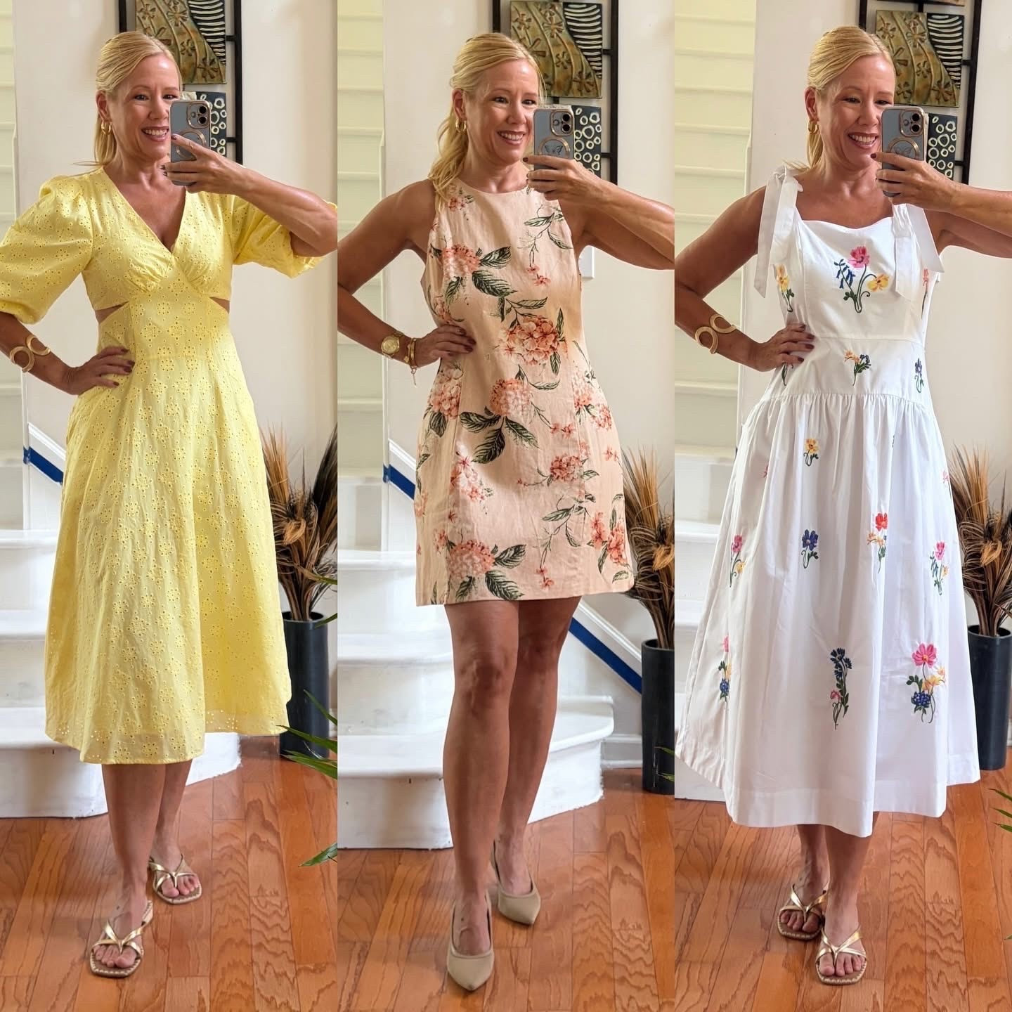 FYR: I’m 5’7 -currently 143lbs.
🤍White dress size S and it is still very roomy- I could probably go for XS. Definitely size 1-2 sizes down.
🍑Peach dress: Size 8 - I could size down to a 6 but I do like if it is not like a bodycon.
💛Yellow dress: size 6- good fit! I already sized down from my usual 8- so I recommend sizing down.

#LTKgrwm #LTKootd #LTKSeasonal