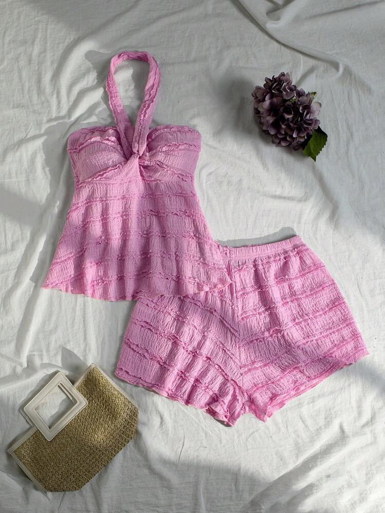 Sweetra Women Vacation Casual Solid Color Halter Sleeveless Top And Shorts 2 Pieces Set | SHEIN