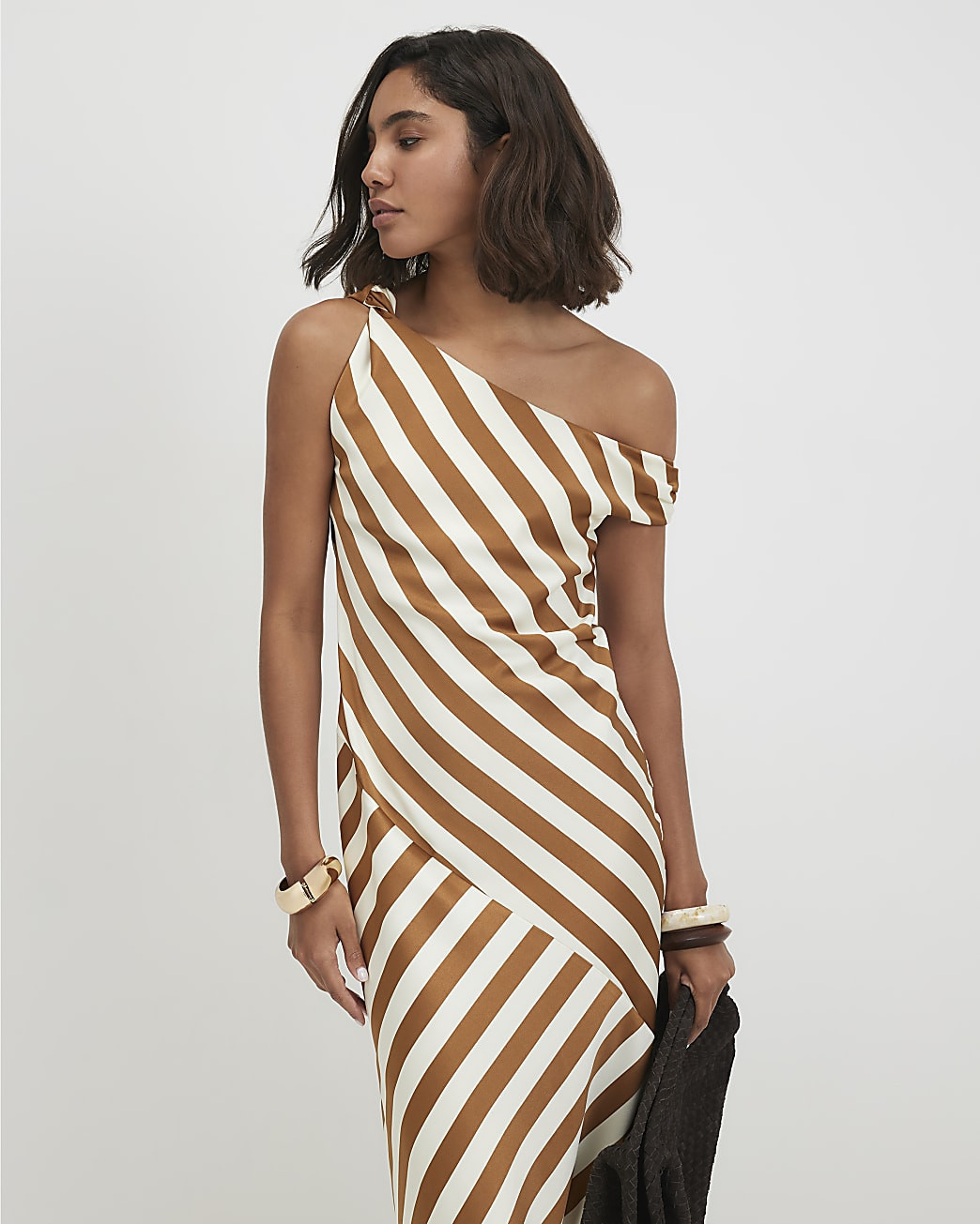 Cream Stripe Satin Asymmetric Midi Dress | River Island UK & IE
