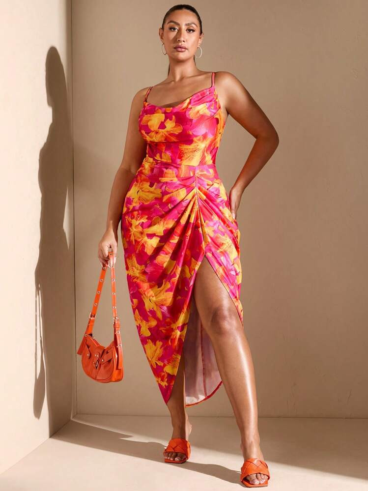 SHEIN BAE Plus Size Women's Regular Festive Date Party V-Neck Side-Slit Color-Block Tie-Dye Print... | SHEIN