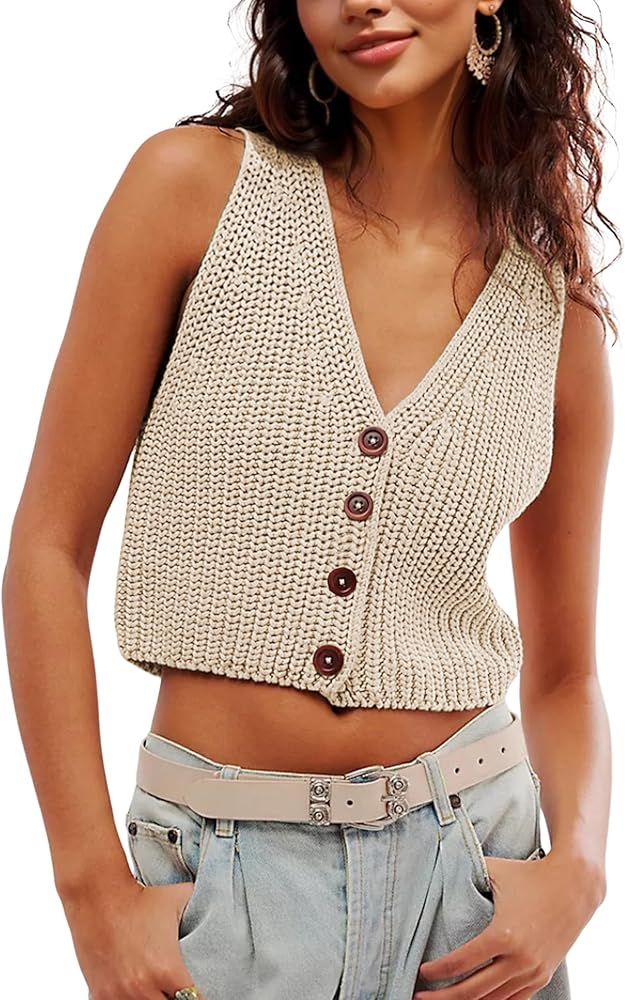 SKIKYAN Womens Casual Knit Sweater Vest Button Down Sleeveless Crochet Crop Short Cardigans | Amazon (US)