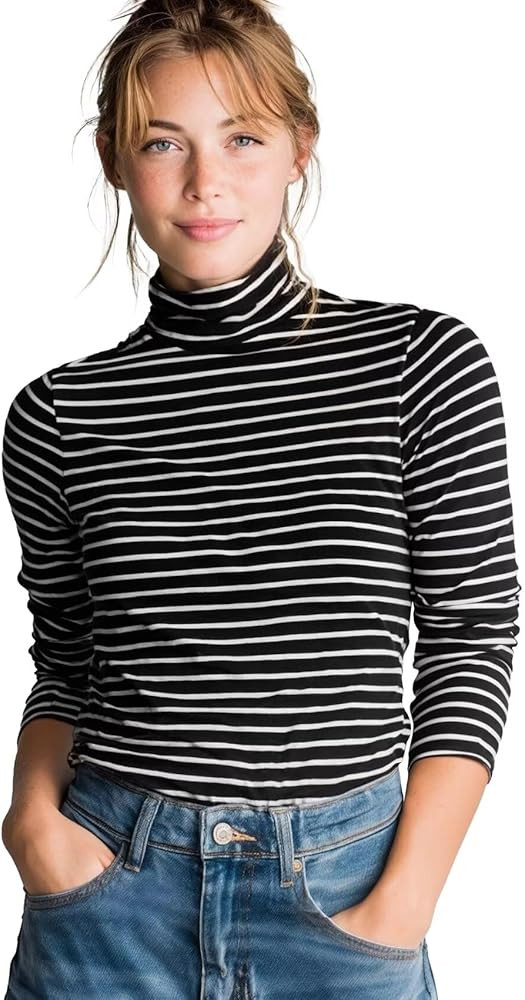 Zengjo Striped Turtleneck Women Long Sleeve Fitted High Neck Top Lightweight Soft Stretchy | Amazon (US)