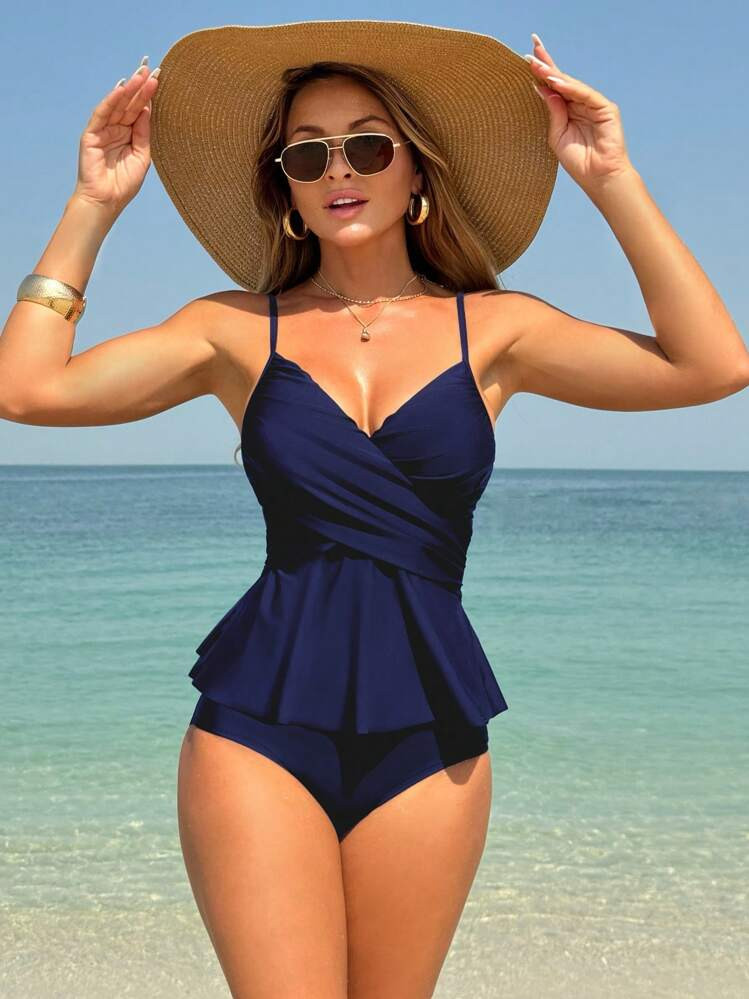 Swim Lushoire Summer 2pcs Solid Color Criss-Cross Twist Front Ruffle Hem Swimwear Set | SHEIN