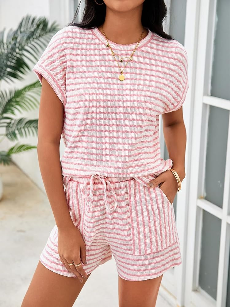 Tankaneo Womens Striped Summer 2 Piece Short Sets Short Sleeve T Shirts Drawstring Shorts Casual ... | Amazon (US)