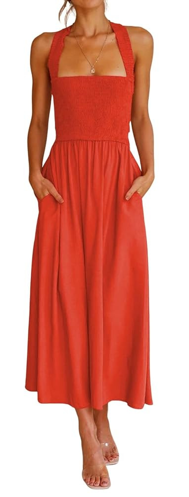 CHARTOU Women Sexy Spaghetti Strap Cut Out Smocked Dress Party Backless Flowy Midi Dress with Poc... | Amazon (US)