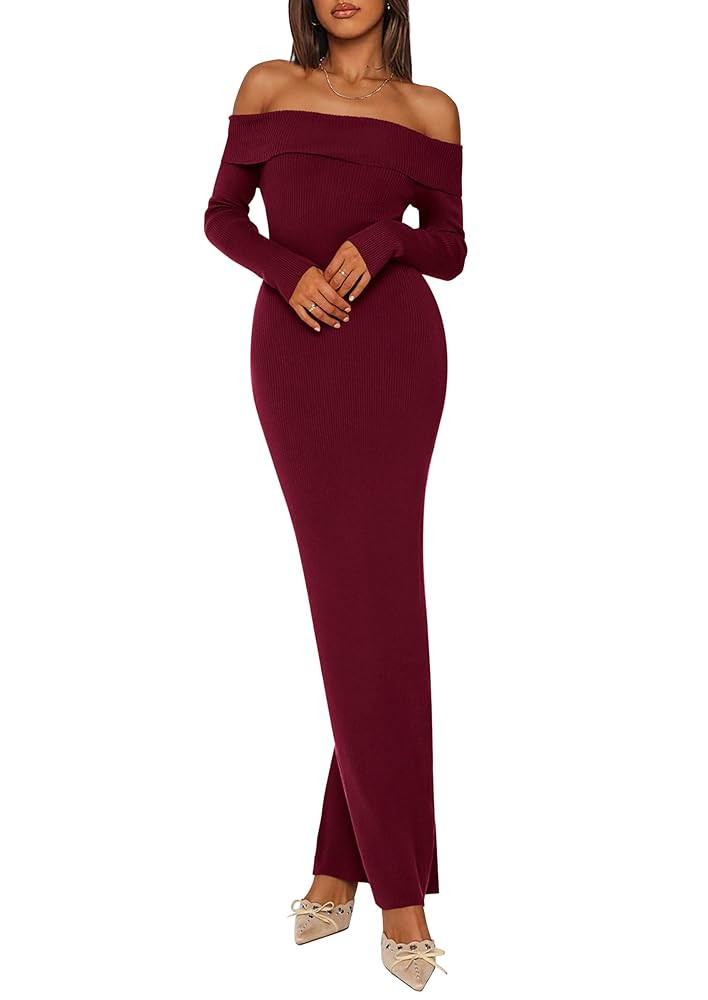 PRETTYGARDEN Women's Fall Sweater Dress Long Sleeve Off Shoulder Slit Maxi Bodycon Cocktail Party... | Amazon (CA)
