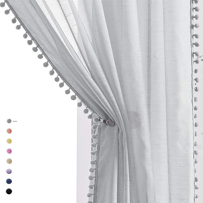 Treatmentex Grey Sheer Window Curtains for Living Room 95 inches Pom-Pom Canopy for Children Bedr... | Amazon (US)