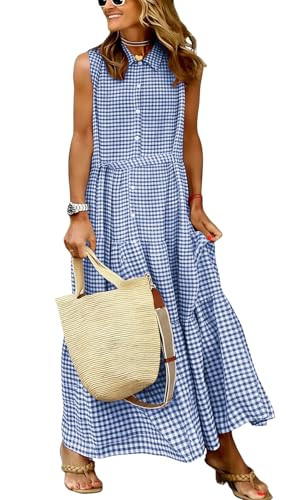 chouyatou Women\u2019s Summer Boho Gingham Dress Business Casual Belted Flowy Plaid Maxi Shirt Dr... | Amazon (US)