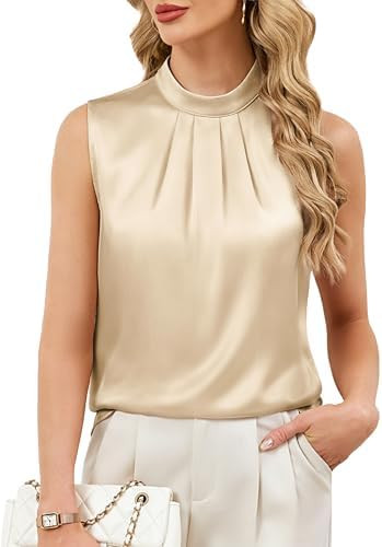 Funlingo Womens Silk Satin Tank Tops Sleeveless Camisole Mock Neck Blouses Summer Pleated Work Sh... | Amazon (US)