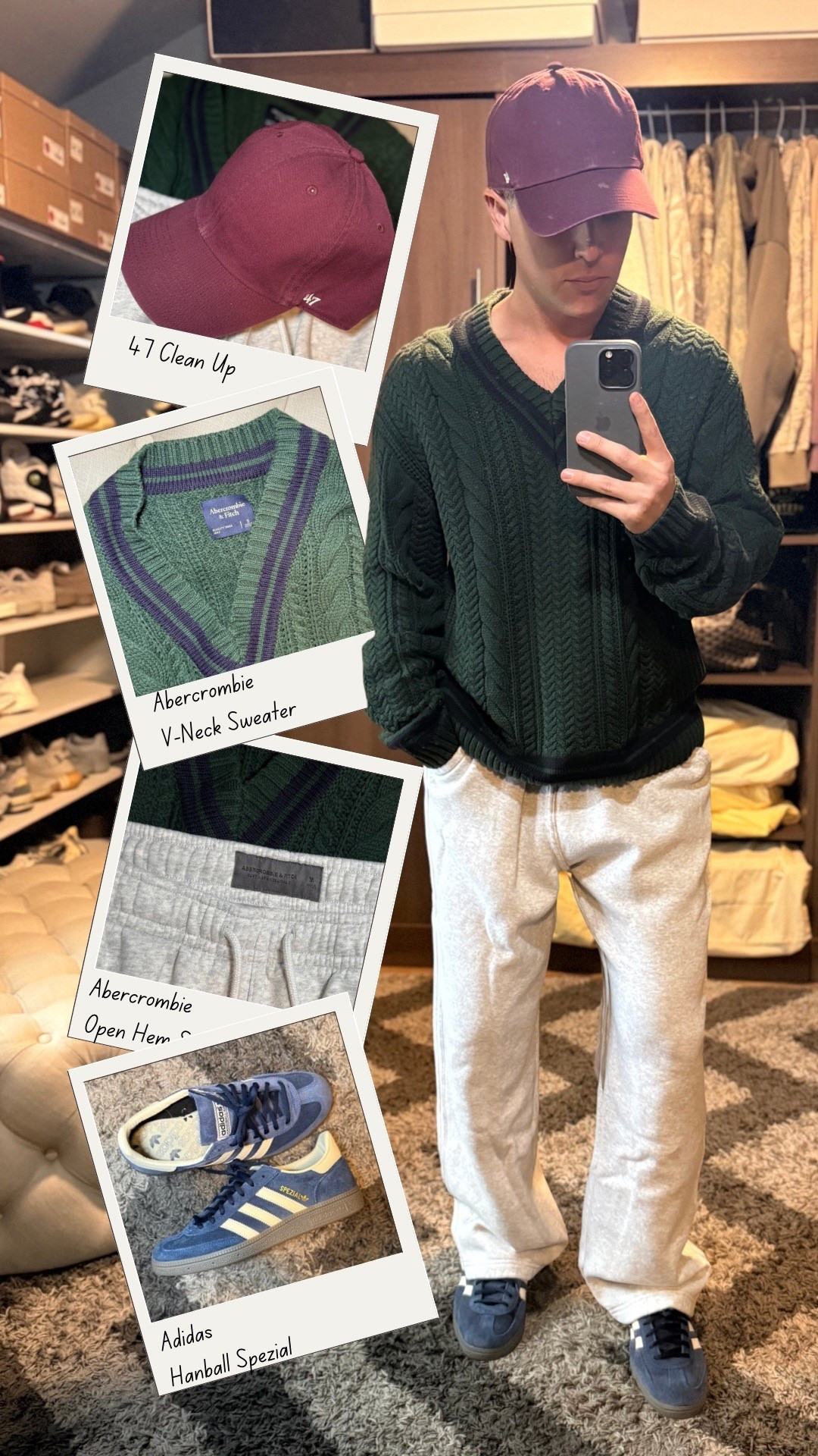 Cozy casual day outfit: The Abercrombie oversized V neck sweater is so comfy it reminds me of a sweatshirt, just elevated a bit. Thrown on with Abercrombie open hem sweatpants, a burgundy 47 Clean Up cap and blue Adidas Handball Spezials. 
This is the perfect fit for errands, a comfy day at home, or a laid-back weekend fun.

#LTKdayinmylife #LTKMens #LTKootd