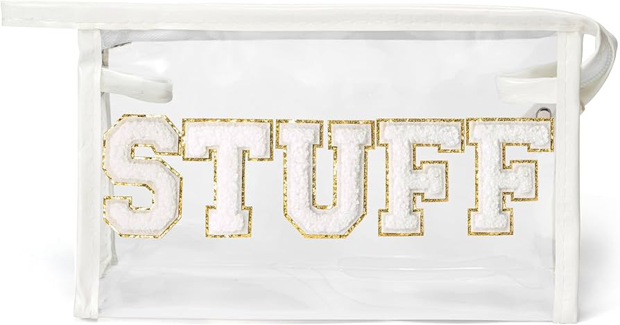 Y1tvei STUFF Clear Makeup Bag - Preppy Patch White Chenille Varsity Letter Transparent PVC Large ... | Amazon (US)