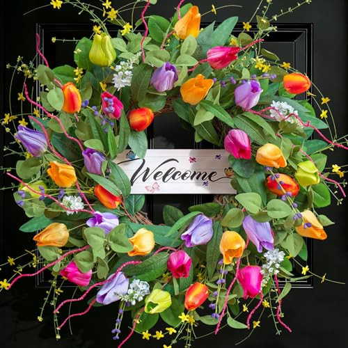 Spring Summer Wreaths for Front Door 24 Inch, Tulip Spring Summer Wreath with Welcome Sign, Artificial Floral Spring Door Wreath for Outdoor Front Door, Farmhouse Seasonal Summer Wreath | Amazon (US)