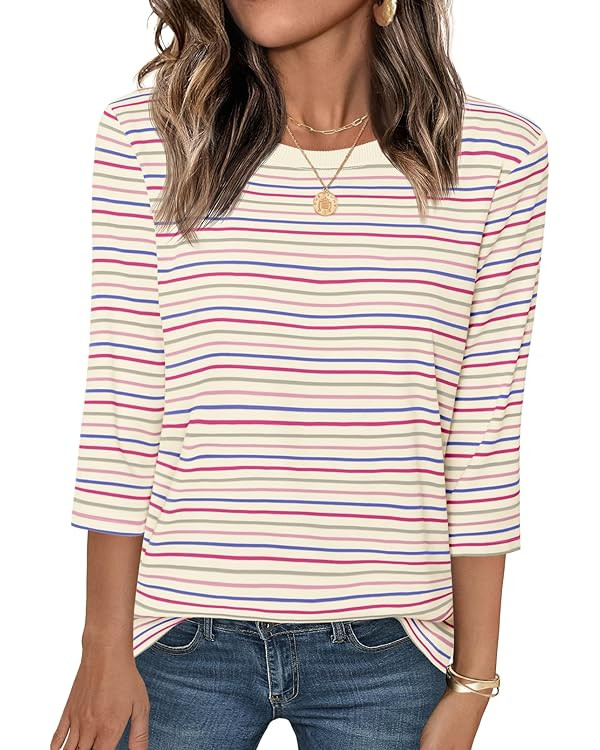 MEROKEETY Women's 2025 Casual 3/4 Sleeve Tops Blouse Crewneck Colorful Striped Fall Loose Shirt | Amazon (US)