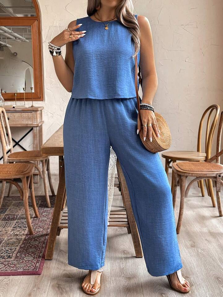 SHEIN Holidaya Plus Size Women's Vacation Solid Color Back Strap Round Neck Vest And Loose Wide L... | SHEIN