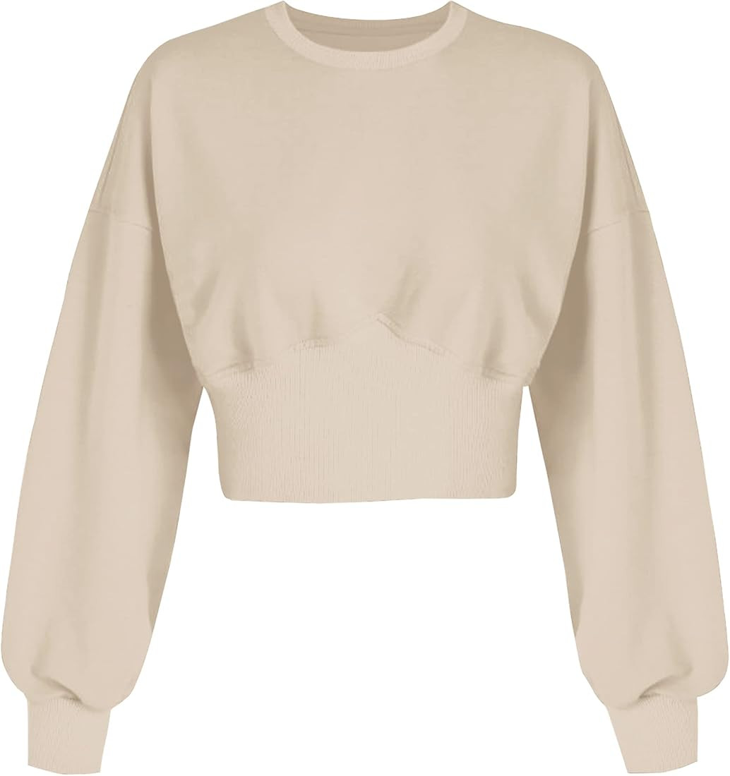 MISSACTIVER Women Casual Crewneck Crop Sweatshirt Solid Long Sleeve Drop Shoulder Pullovers Ribbe... | Amazon (US)