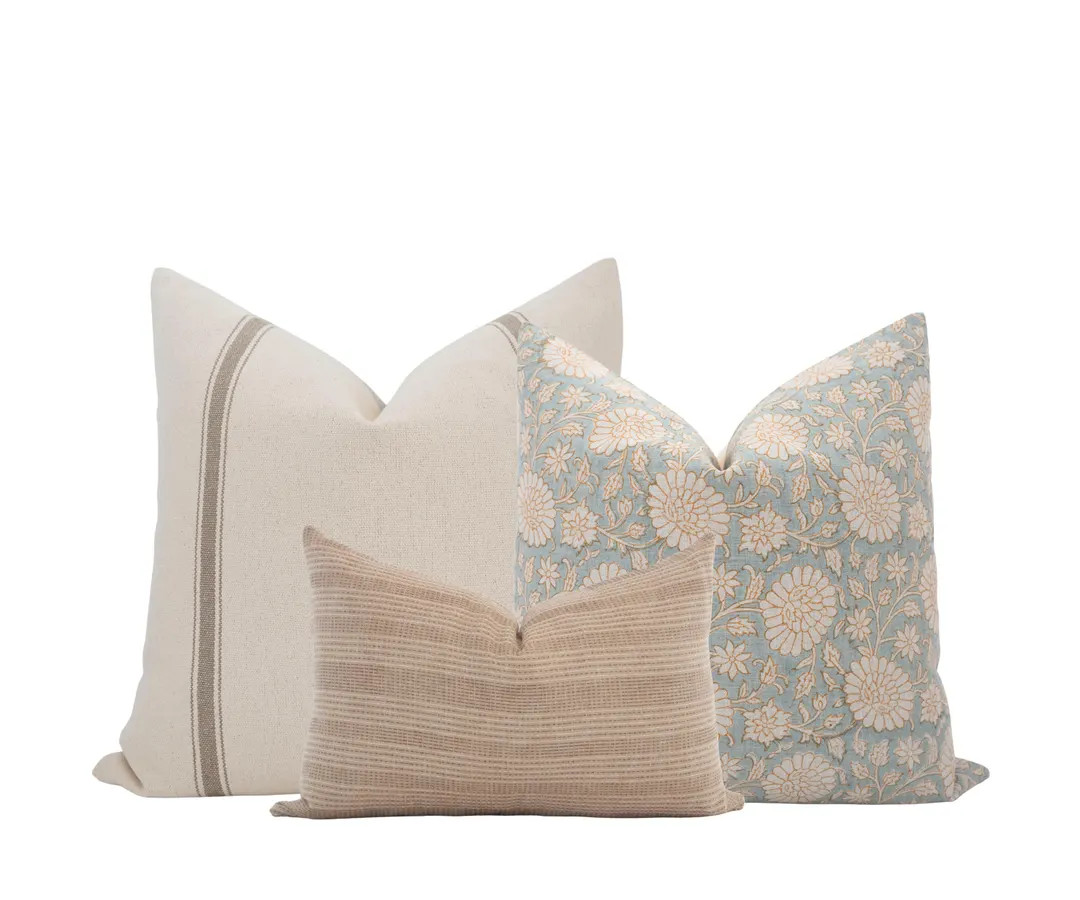 Neutral Blue Pillow Cover Set Light Blue Pillow Set Block Print Pillow Pillow Farmhouse Pillow Se... | Etsy (US)