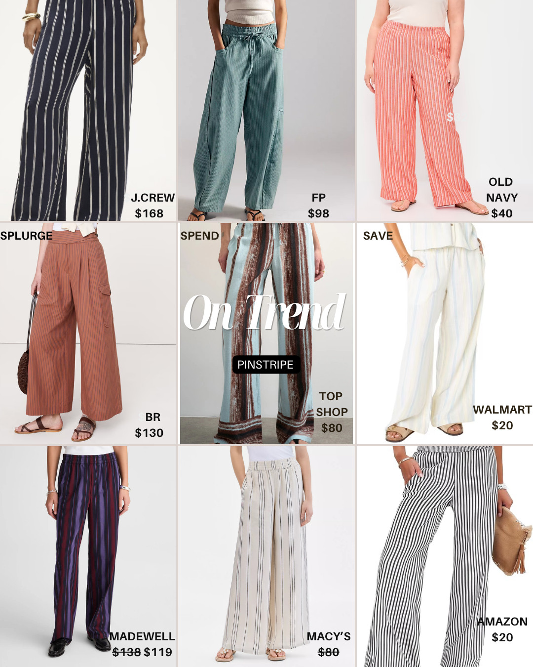 If you've been with me for a while, you know I love a striped wideleg pant, and the good news is there are so many to choose from right now, because this light breezy summer look is definitely on trend.  No matter your budget if you want to splurge, spend, or save.  I have you covered with these cute finds!
#pinstripe #stripedpants #splurge #spend #save 
#affordablepants 

 #LTKootd #LTKOver40 #LTKWorkwear