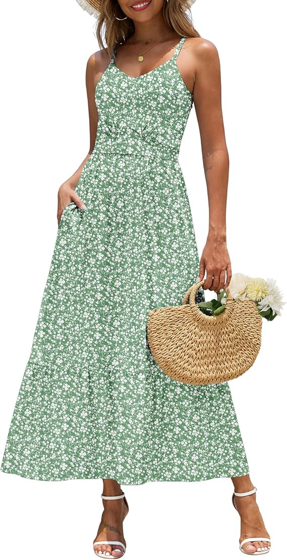 Zattcas Women's 2026 Summer Casual Floral Maxi Dress with Pockets Spaghetti Strap V Neck Empire W... | Amazon (US)