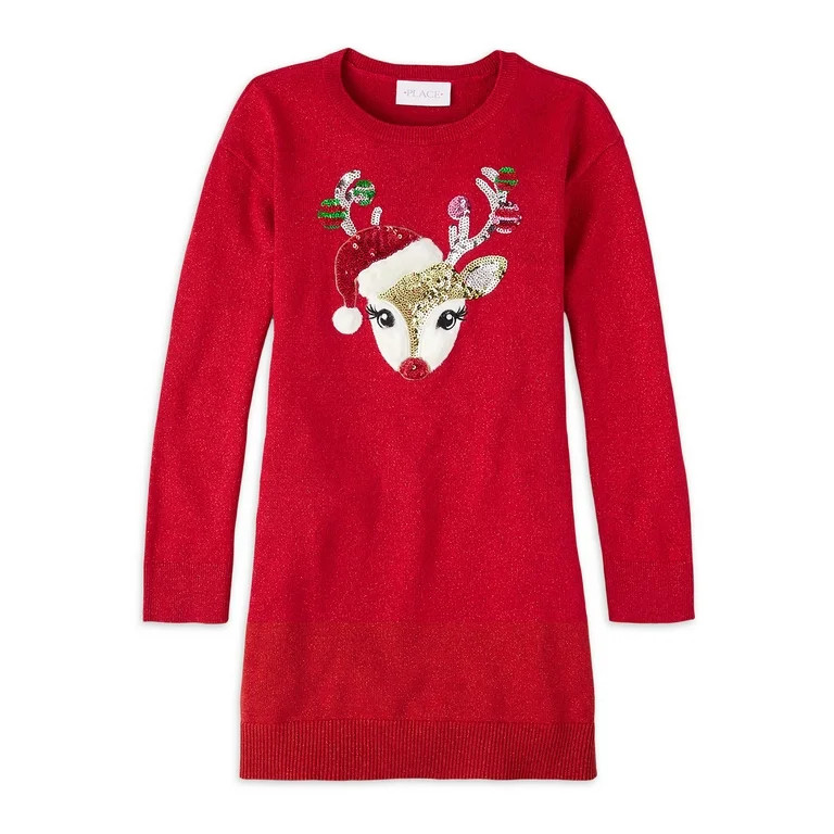The Children's Place Girls Reindeer Graphic Sweater Dress, Sizes XS-XXL - Walmart.com | Walmart (US)