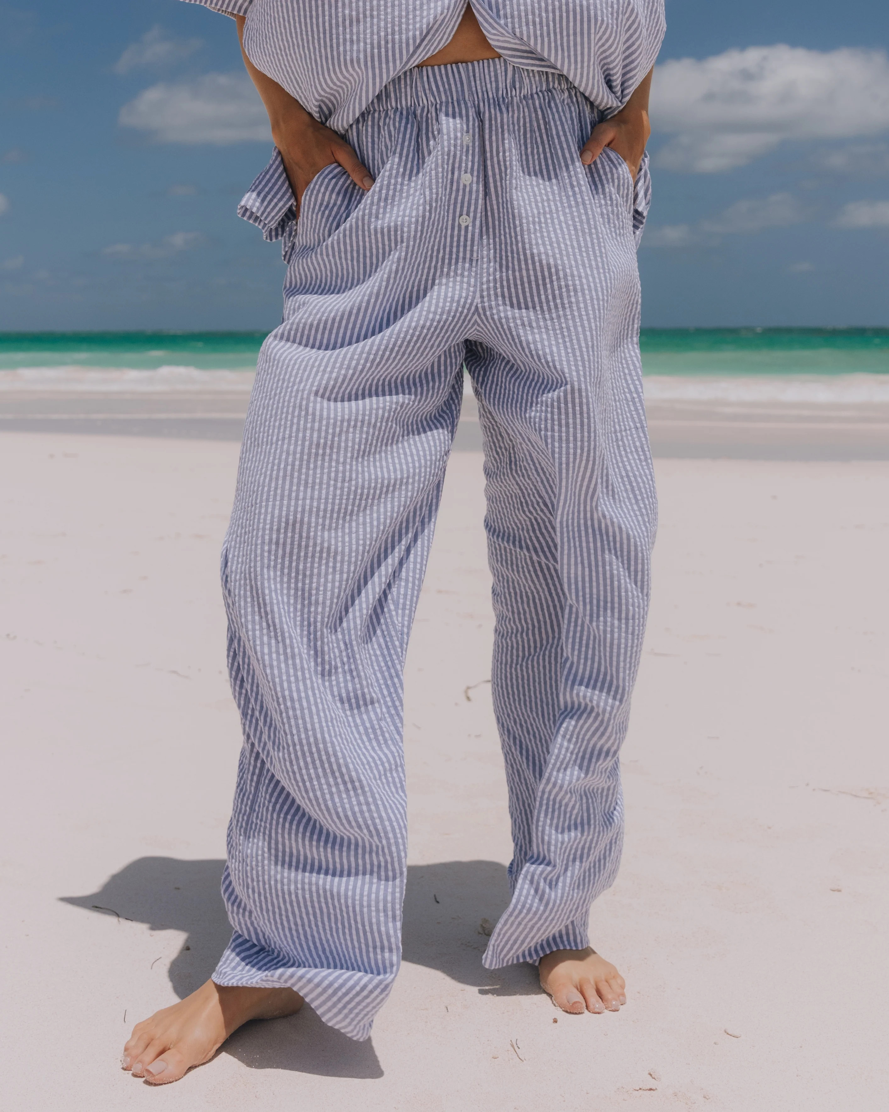 Seersucker Resort Pants - Light Blue/White Stripe | Daily Drills