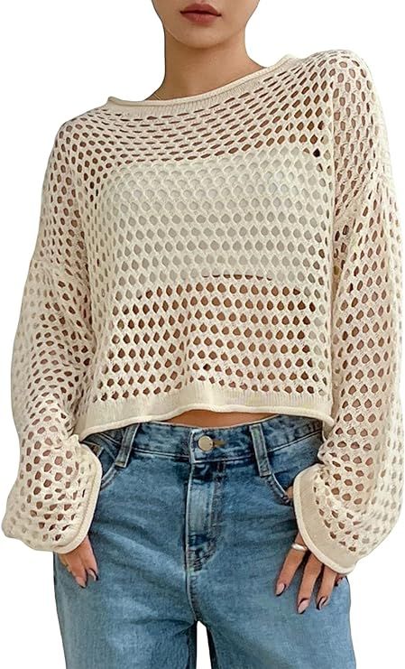 Verdusa Women's Hollow Out Crochet Knit Top Sheer Long Sleeve T Shirt Cover Up | Amazon (US)