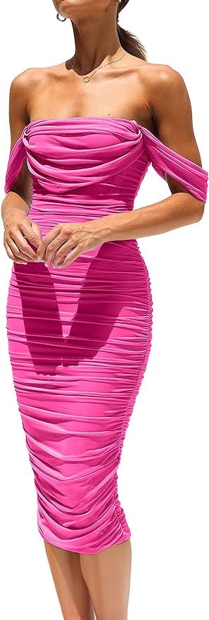 PRETTYGARDEN Women's Summer Off The Shoulder Ruched Bodycon Dresses Sleeveless Sexy Party Club Mi... | Amazon (US)