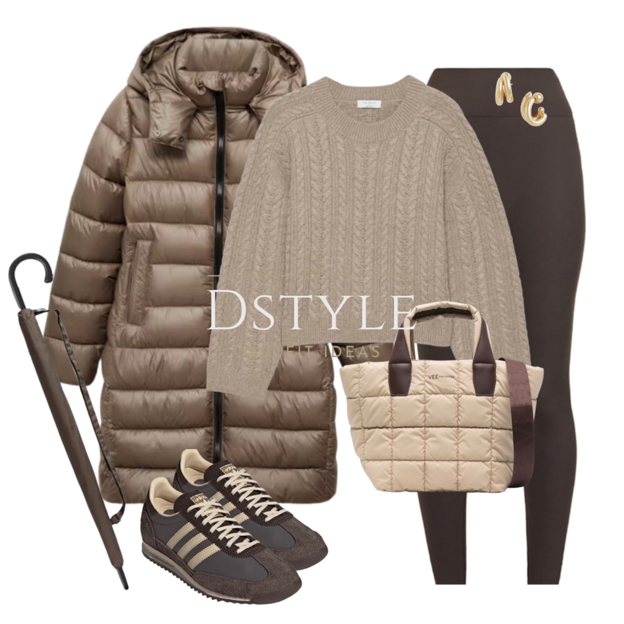 Medium brown water-repellent quilted coat/jacket, taupe merino wool sweater, dark brown leggings, beige tote bag, dark brown Adidas SL72

#LTKSeasonal #LTKShoeCrush #LTKStyleTip