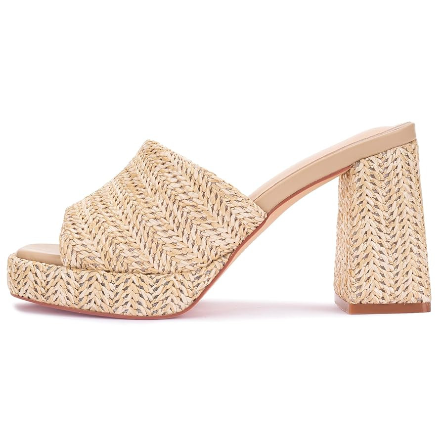 Monrovia Raffia Heeled Sandals for Women，Platform Wedge Slip On Block Heel, Dressy Summer Open ... | Amazon (US)