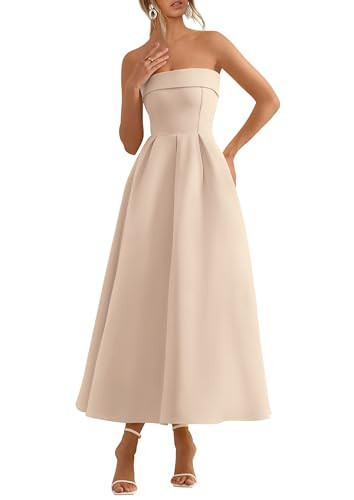 PRETTYGARDEN Cocktail Dresses for Women 2026 Summer Formal Elegant Tube Top Strapless Spring Wedding Guest Party Midi Dress(Beige,Small) | Amazon (US)
