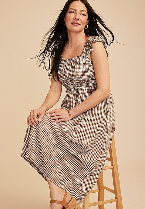 Gingham Micro Flutter Sleeve Midi Dress | Maurices