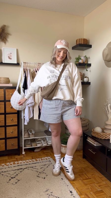 Casual midsize spring outfit - oversized graphic sweatshirt, boxer shorts, adidas sambas

Spring 2024 fashion trends, spring ootd


#LTKVideo #LTKSeasonal #LTKmidsize