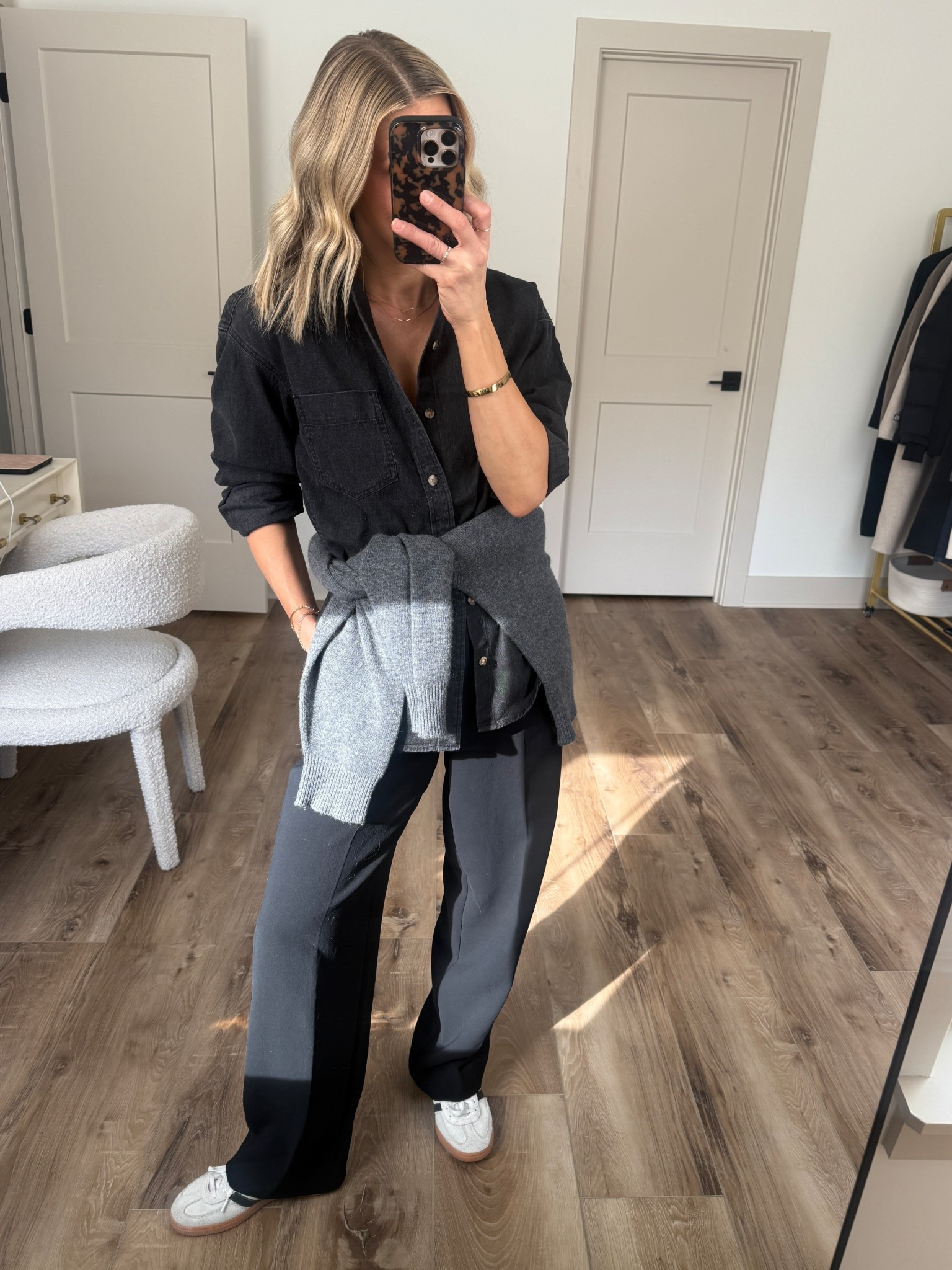 Wearing 4/reg trousers, XS denim shirt, small sweater, sneakers tts, XS coat

#LTKootd #LTKgrwm #LTKOver40