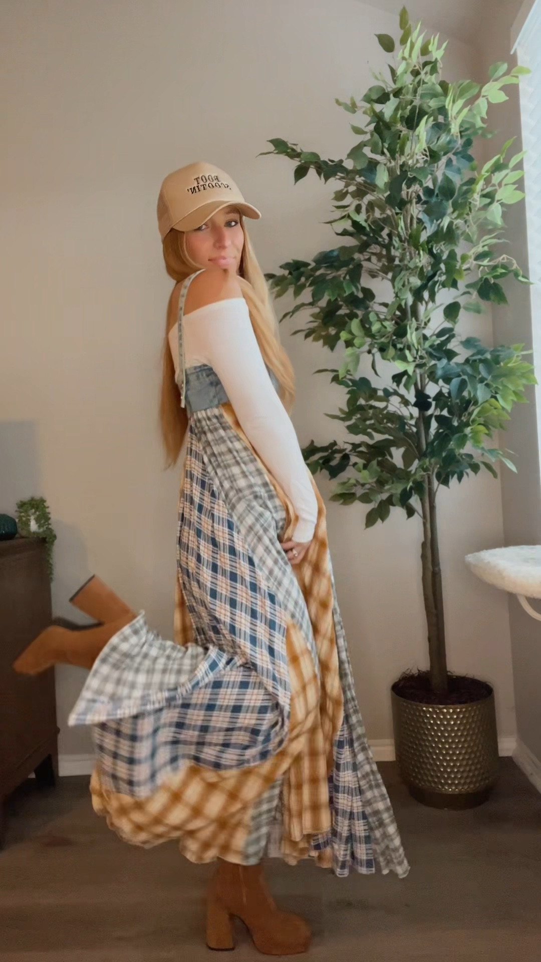 OOTD - Layer your outfits with a long sleeve top under your dresses to make cute outfits for the winter! 🫶🏼 - Mindy Mae’s Market Dress | boho dress idea - Chunky Boots - Amazon | off shoulder top - Trucker hat #layering #outfitidea

#LTKShoeCrush #LTKStyleTip