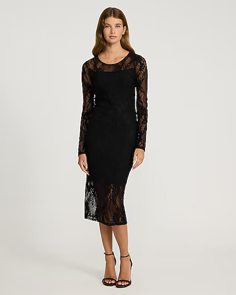 Lace Crew Neck Long Sleeve Midi Sheath Dress | Express