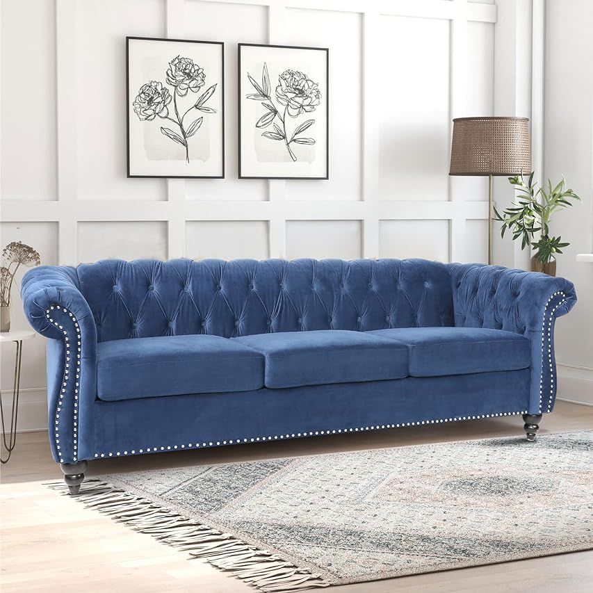 Modern 3 Seater Couch Velvet, Upholstered Sofa with Tufted Back, Roll Arm Classic Chesterfield Sette | Amazon (US)