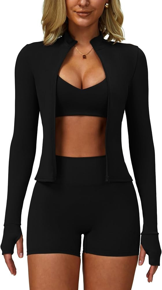 ABOCIW 3 Piece Workout Sets for Women Zipper Long Sleeve Jacket Racerback Sports Bra High Waist S... | Amazon (US)