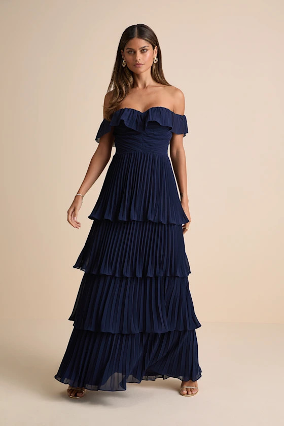 Always Remarkable Navy Pleated Off-the-Shoulder Maxi Dress | Lulus