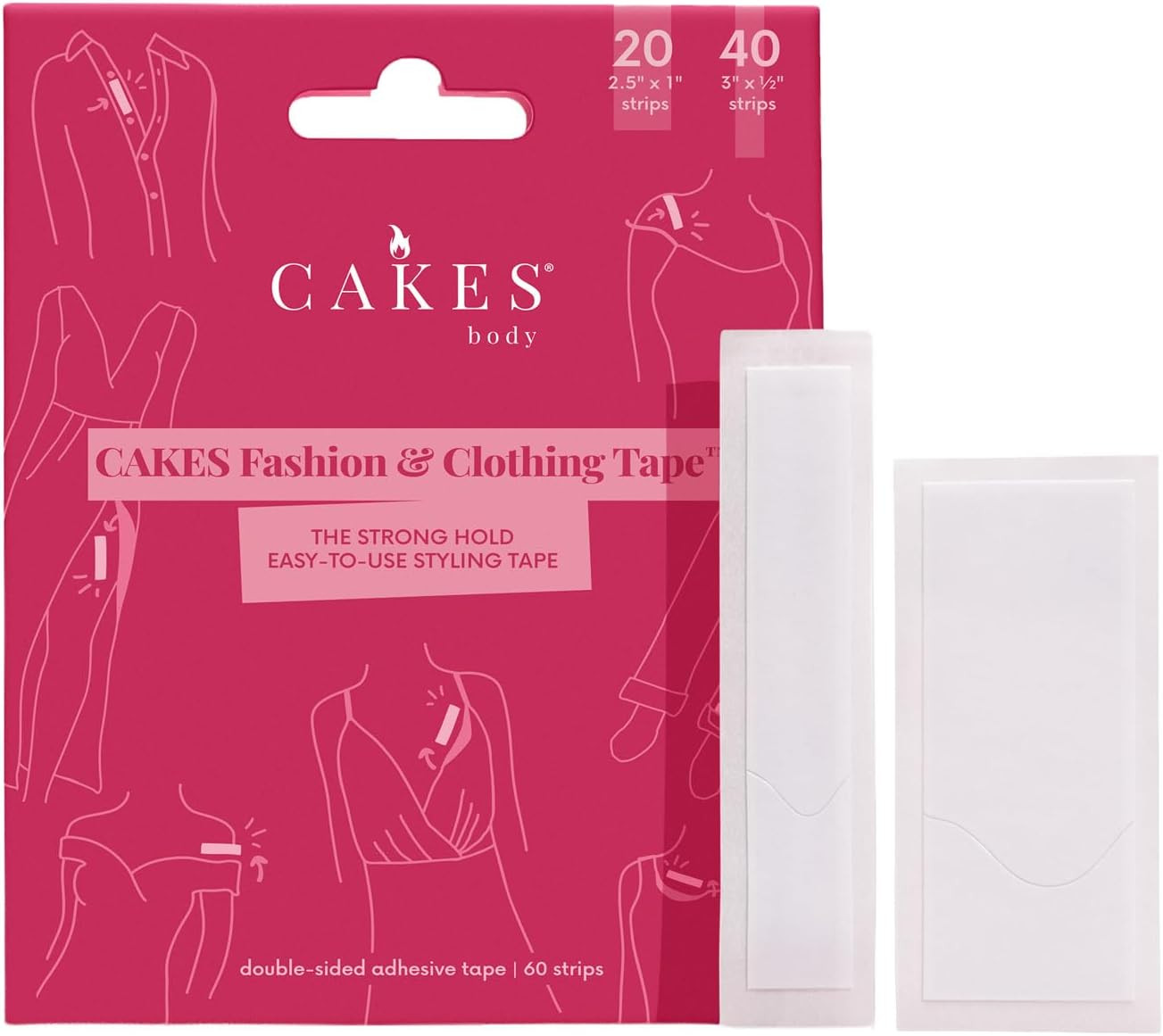 CAKES Body® Fashion & Clothing Tape™ - 60 Double-Sided Clothing Tape Strips in 2 Sizes with Easy-Peel Backing, Invisible Dress & Body Tape, Strong Hold, Skin-Friendly Adhesive for Dresses | Amazon (US)